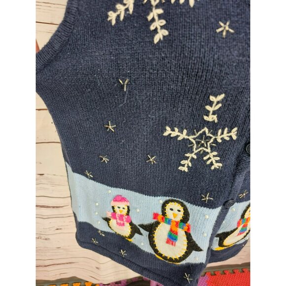 Vintage Womens Winter Sweater Vest Blue Knitted with Penguins and Snowflakes Siz - Picture 3 of 13